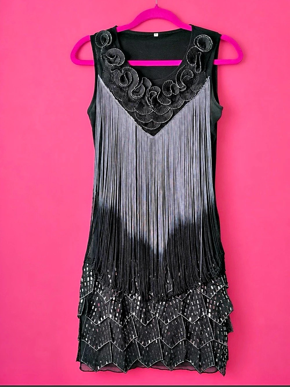 1920s Flapper Style Black Fringe Sequin Dress Size Small